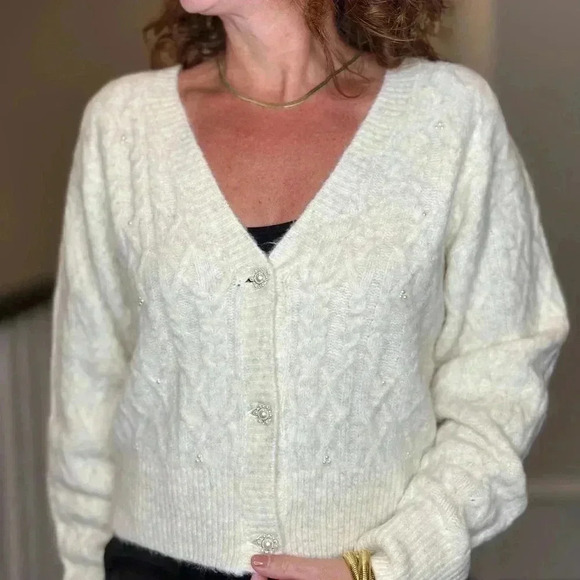 KUT from the Kloth Petra Pearl Button Cropped Cardigan Women’s Medium Classic Ch - Picture 1 of 13